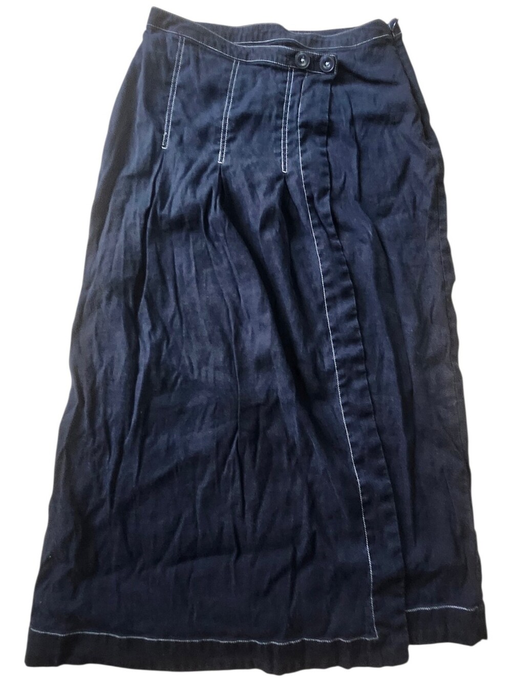 Maeve by Anthropologie Edie Linen Faux Wrap Midi Skirt Contrast Stitch Navy 2